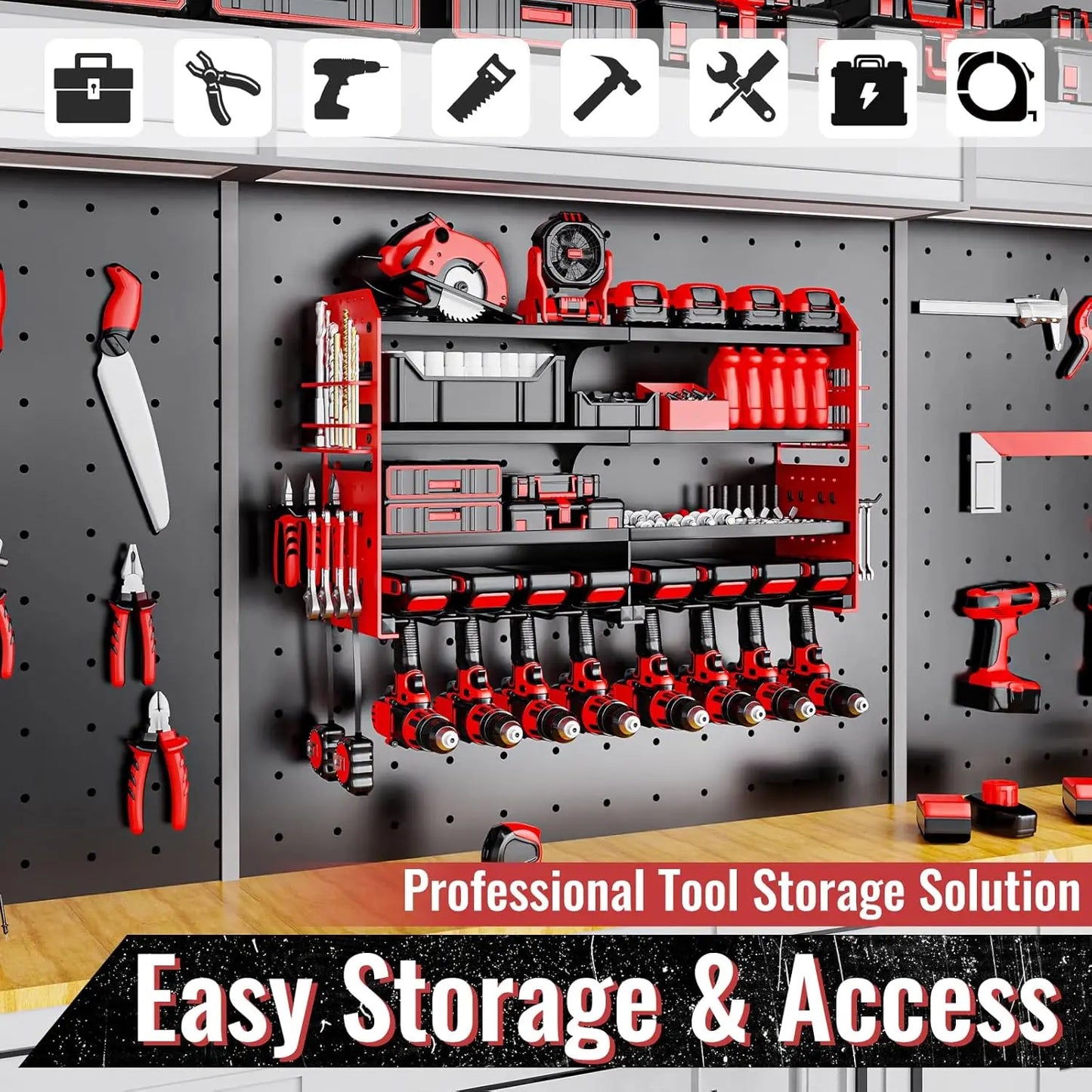 Metal Power Tool Organizer Wall Mount with Screwdriver Holder, Garage Storage Shelves for Drills and Pliers in Red