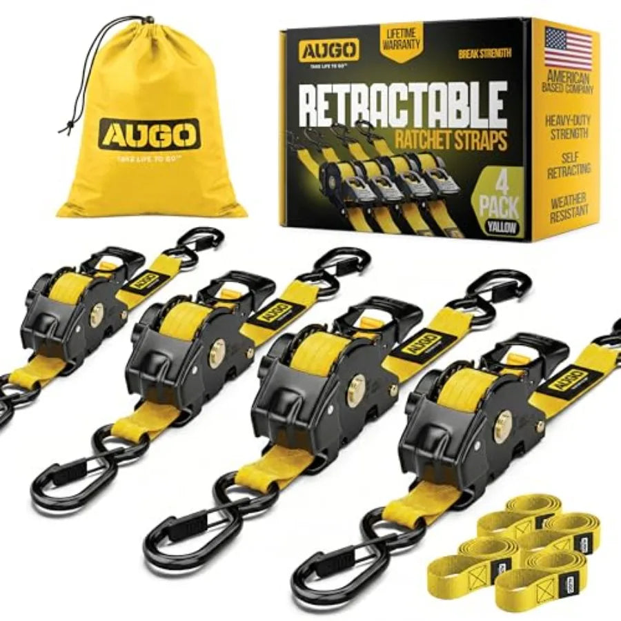 Retractable Ratchet Straps 2 Heavy Duty Ratchet Straps Self Retractable Tie Downs with Soft Loops and Storage Bag for Motorcycl