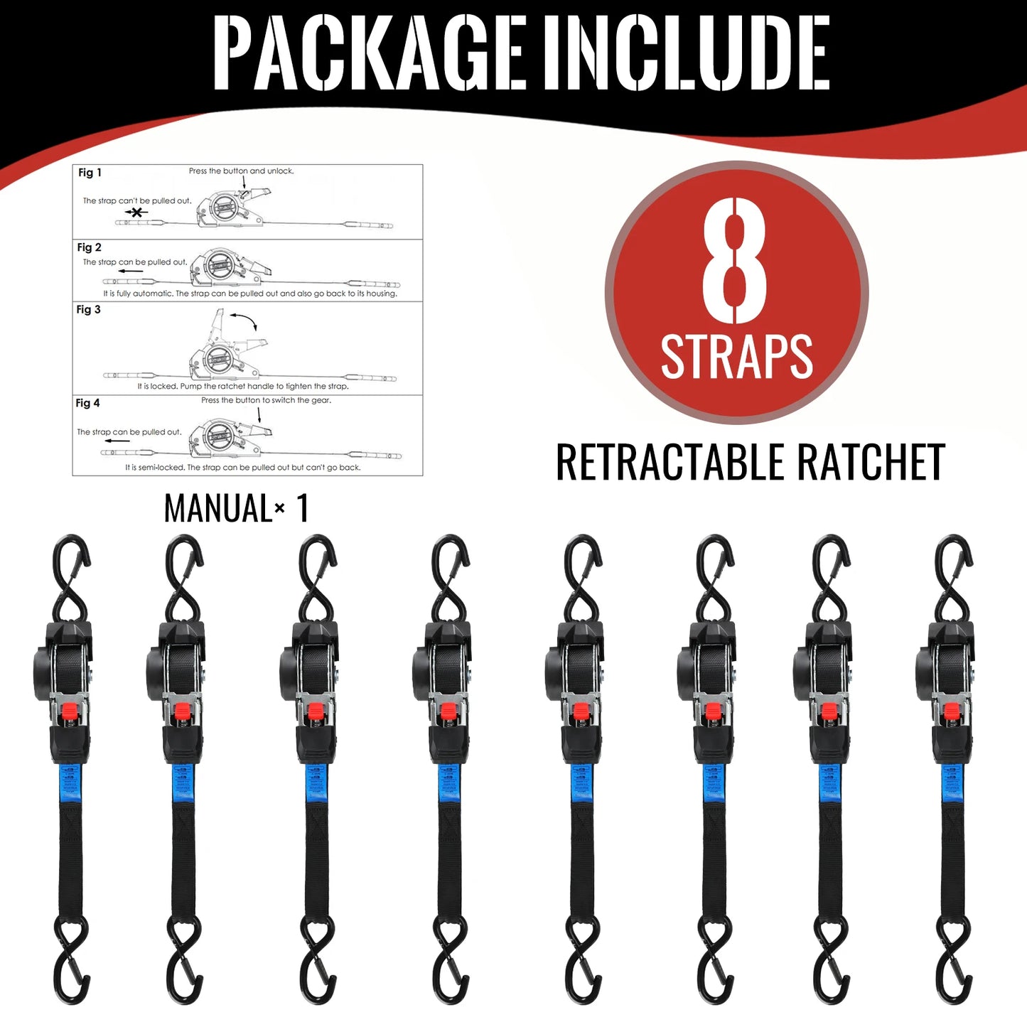 Retractable Ratchet Straps 1" x 10' Heavy Duty-1209 lbs Break Strength-Auto Retractable Boat Trailer Tie Down for Truck,Cargo