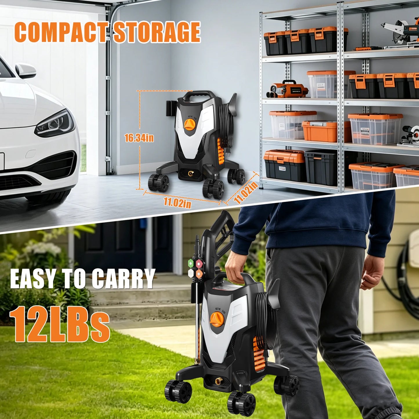 Electric Pressure Washer, 2.8 Max GPM with Anti-Tipping Technology, Onboard Soap Tank, Pro-Style Steel Wand, 5-Nozzle Set, for Cars/Fences/Driveways/Home/Patios