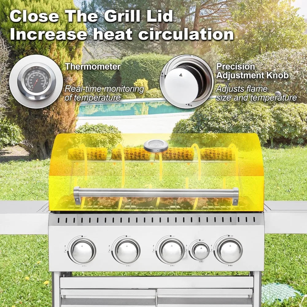 Stainless Steel 4 Burner BBQ Propane Gas Grill with Cast Iron Grates & Side Stove, Stainless Steel 44000 BTU Burner Barbecue Gr