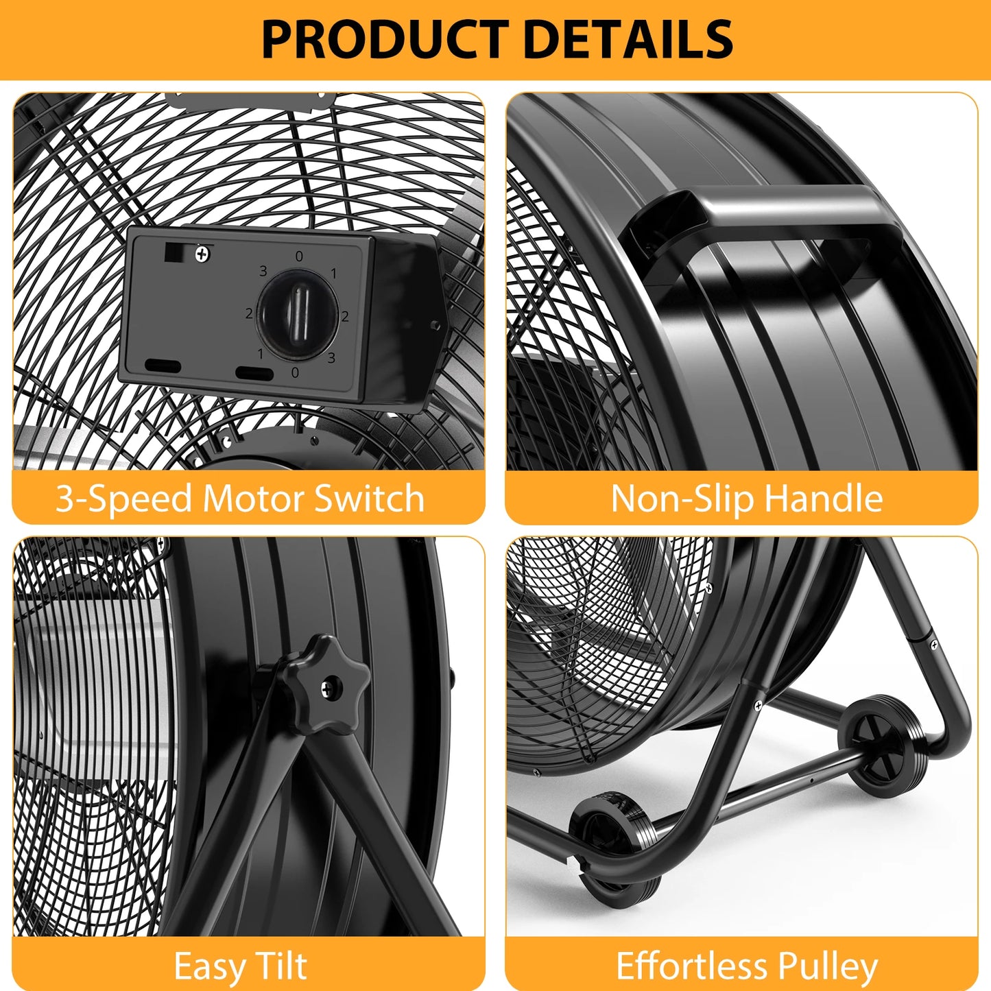 24 In Industrial Drum Fan High Velocity Floor Fan, 3 Speed Heavy Duty Metal Air Circulator Fan, 360° Tilt for Warehouse, Commerc