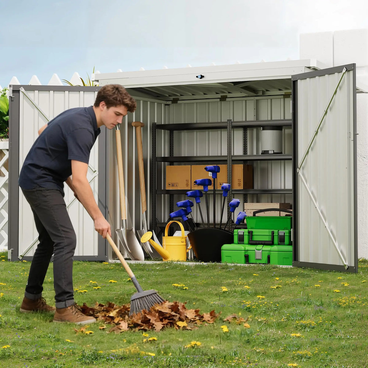 5.8 x 3.3 FT Outdoor Trash Storage Shed, 80 Cu Ft Galvanized Steel Garden Tool Cabinet With Sloped Roof, Latch & Gas Struts