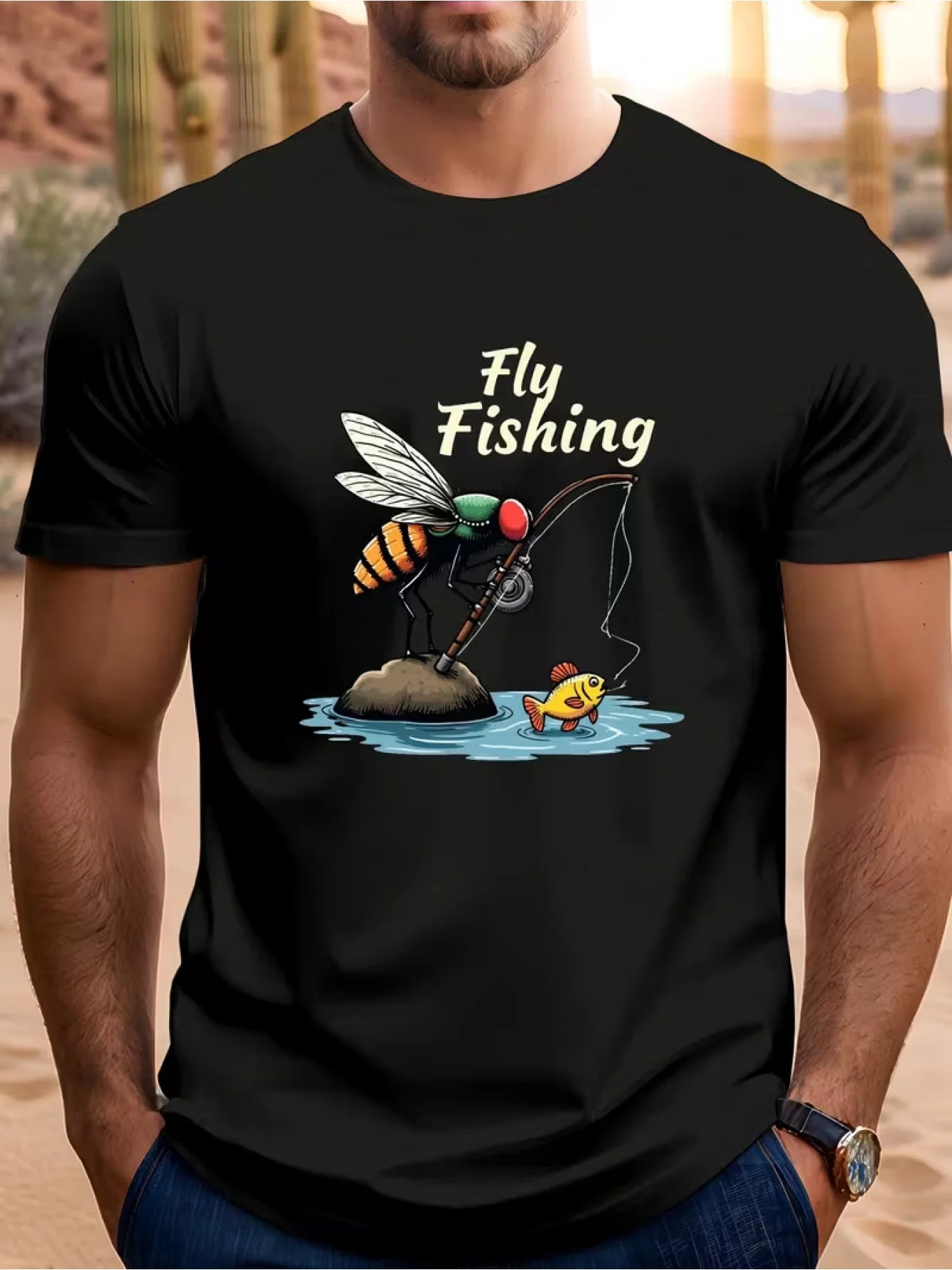 Men's Fly Fishing Fly Fishing Print T-Shirt, Fun Fishing Enthusiast Street Style Crew Neck Short Sleeve Top