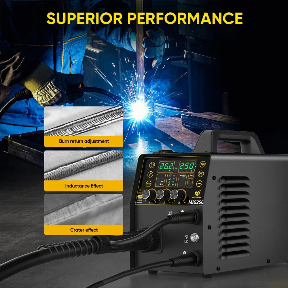 HZXVOGEN MIG250 5 in 1 Aluminum Welder 250A 220V MMA/MIG/Lift TIG/Stick Digital Semi-automatic Inverter Welding Machine Gas Gasless Welder
