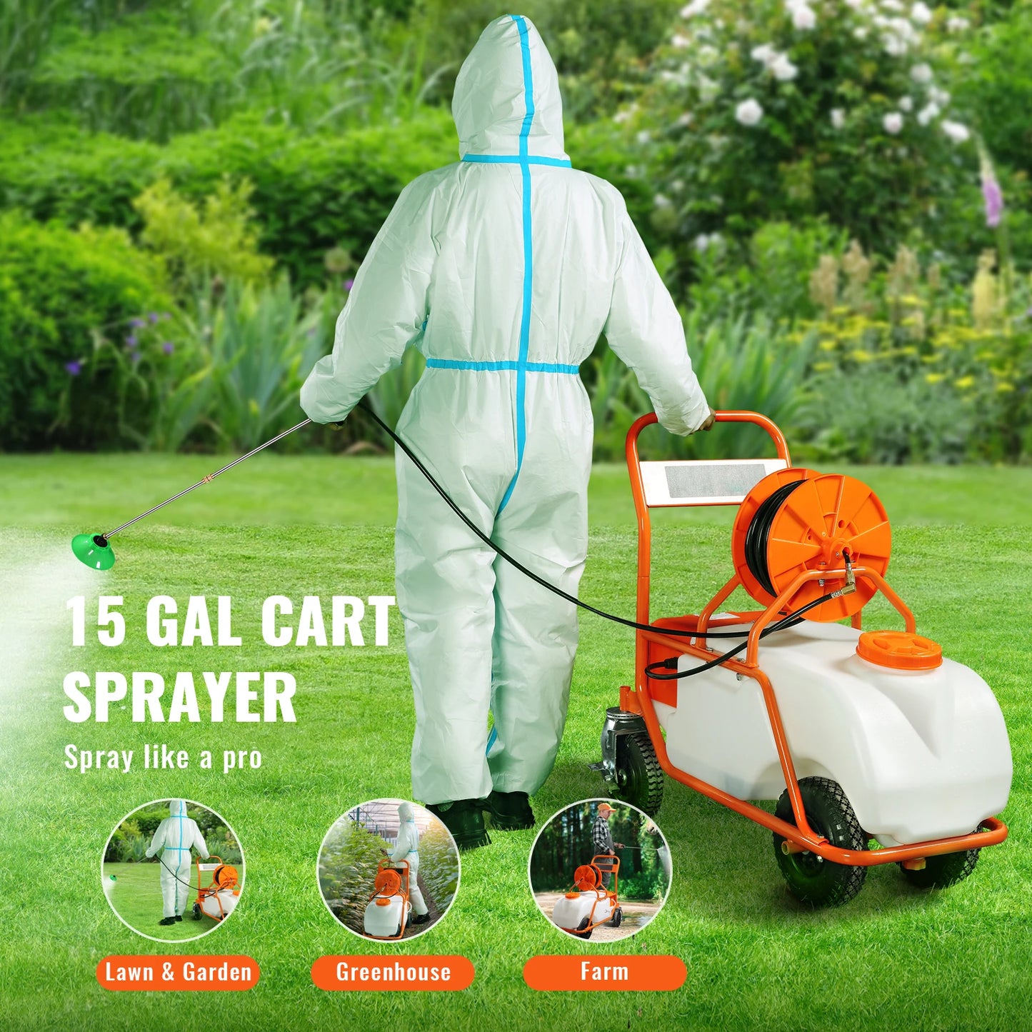 SucceBuy Battery Powered 15 Gal Garden Weed Sprayer with Wheeled Cart 126FT Hose with Reel 8 Nozzles 2 Wands with Lock for Crop