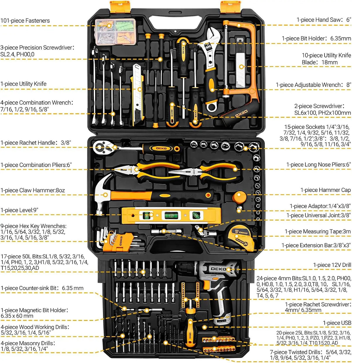 DEKO Home Mechanic Tool Set With Cordless Drill And Storage Case