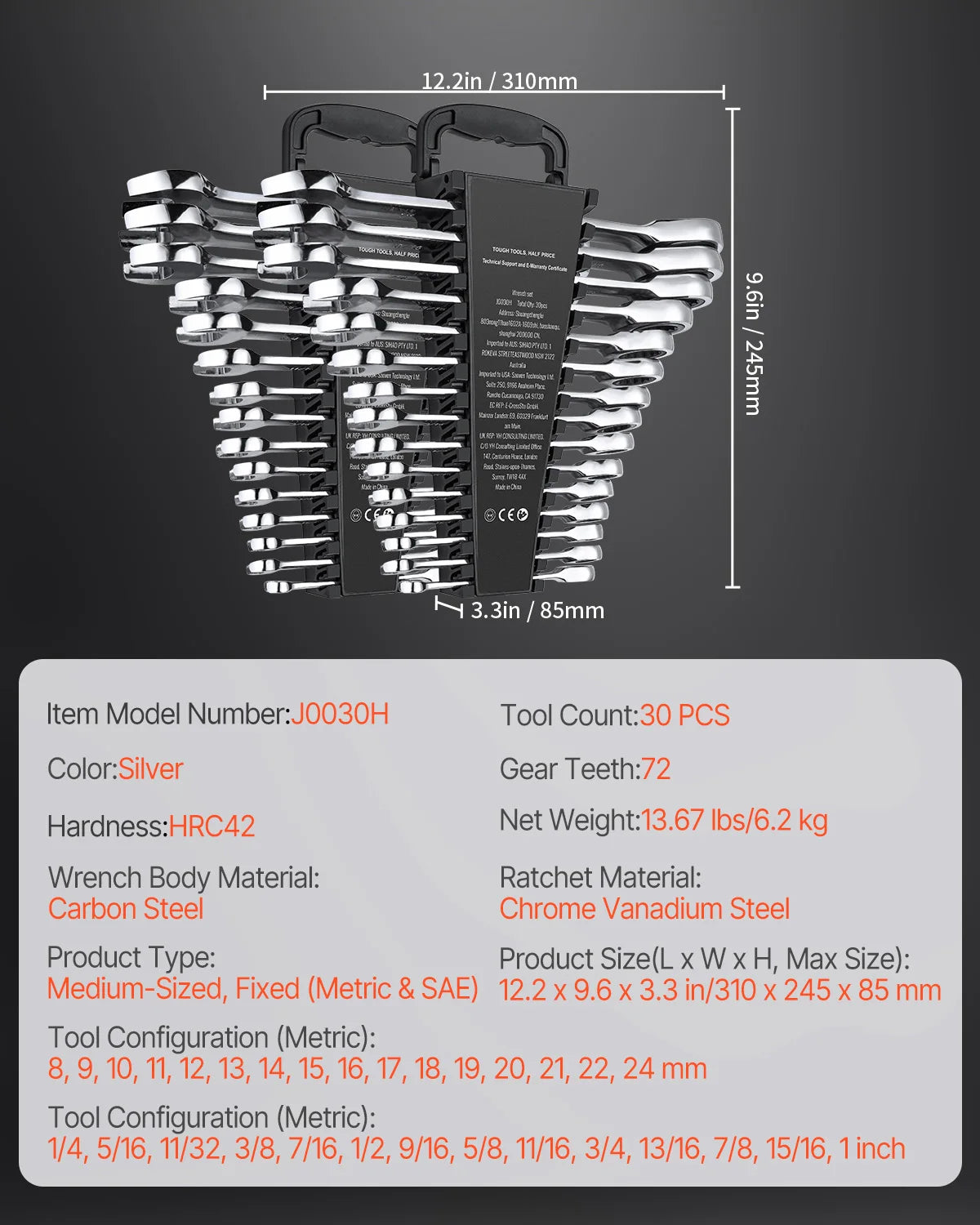 SucceBuy Combination Wrench Set 24/30-Piece Ratcheting Wrench Set with Organizer Rack Cr-V Steel Wrench Set SAE Metric