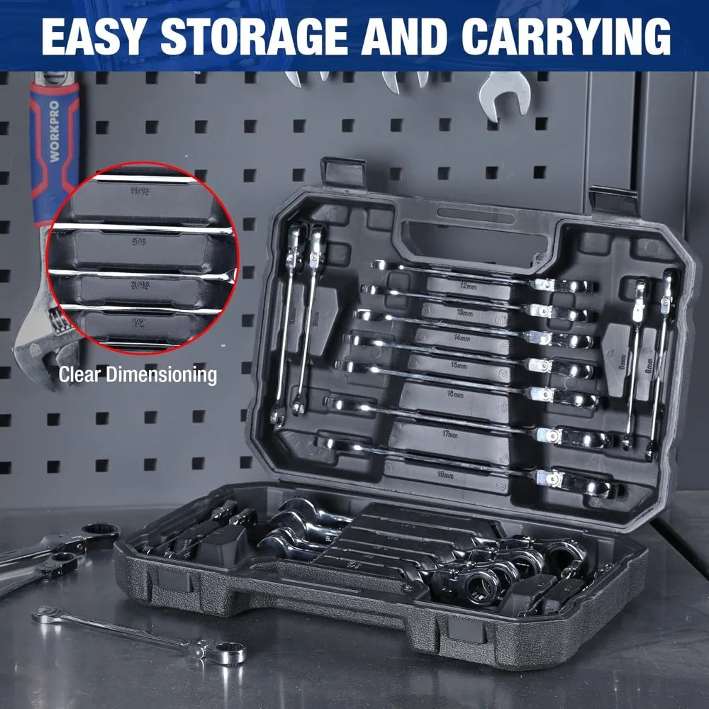 22-Piece Ratcheting Wrench Set, Flex-Head Combination Wrenches with Organizer Case, 72-Tooth, Metric & SAE
