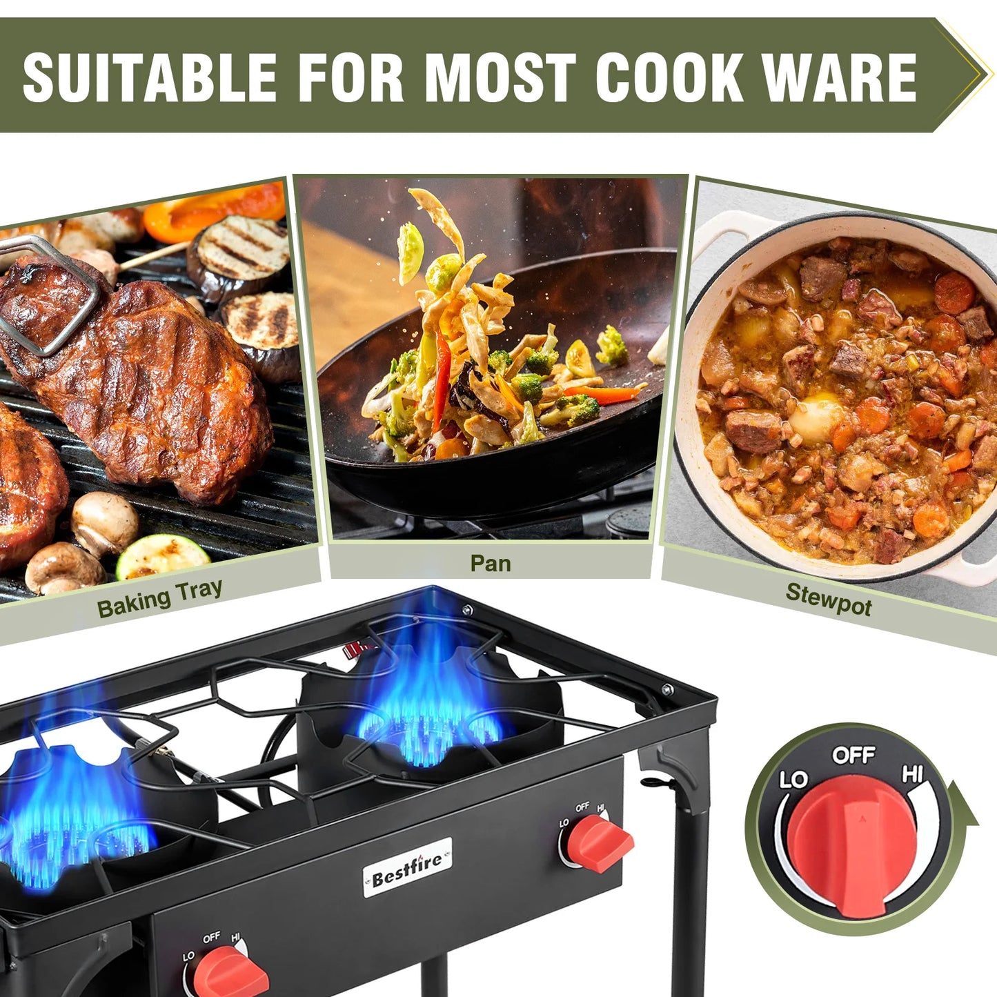 BESTFIRE 2 Burner Camping Stove 150000 BTU High Pressure Outdoor Propane Grill With 4ft 20 PSI Regulator Hose Removable Legs for Backyard Cooking BBQ Picnic Tailgate