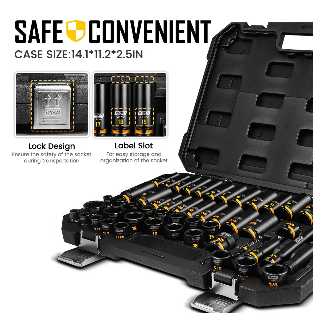 boen 3/8'' Drive Impact Socket Set, 50PCS Standard SAE (5/16 to 3/4 inch) and Metric (8mm-22mm), Deep & Shallow Size, 6-Point wi