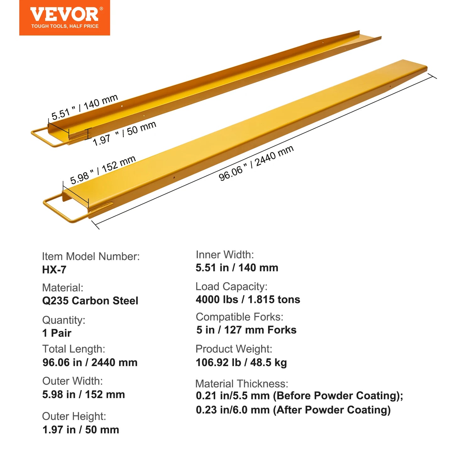 SucceBuy 72/84/96in Pallet Fork Extensions Carbon Steel 5.5in Forklift Attachments for Industrial Truck Cargo Handling Parts