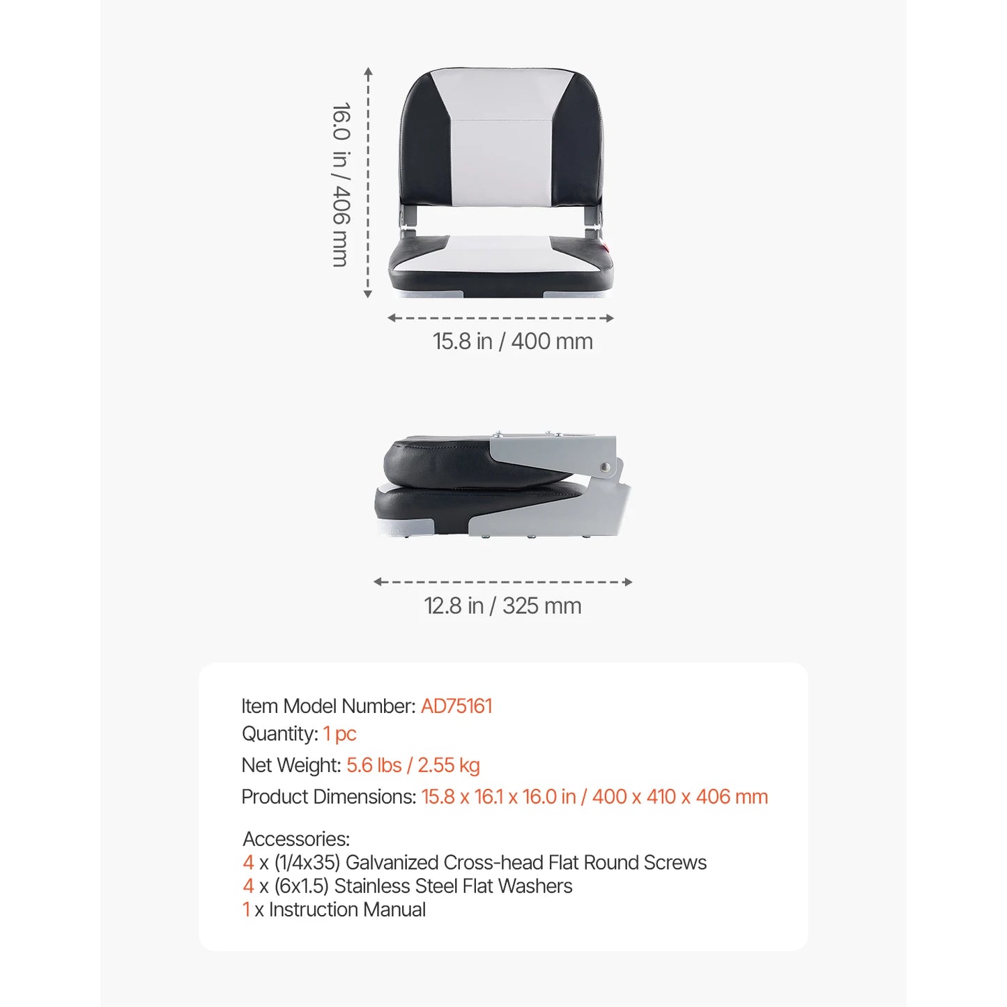 SucceBuy Boat Seat Low Backrest Folding Fishing Seat w/ Thickened Sponge Cushion&PU Polyester Fabric PP Frame Flip Up Boat Seat