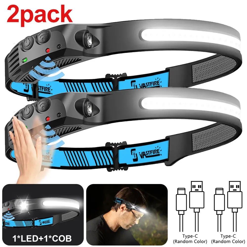 2pcs usb rechargeable head flashlight super bright led with motion sensor for camping running fishing