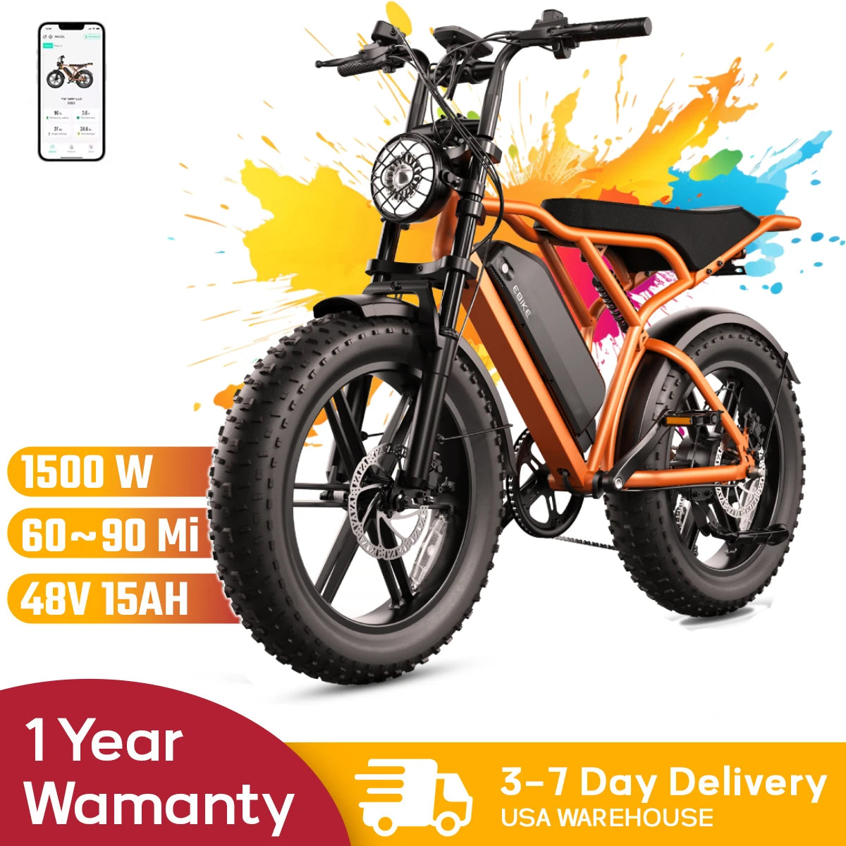 TST R002S 1500W Electric Bike, 20" fat tires, all-terrain, 60-90 miles range, 28MPH, 48V 15/25Ah battery.