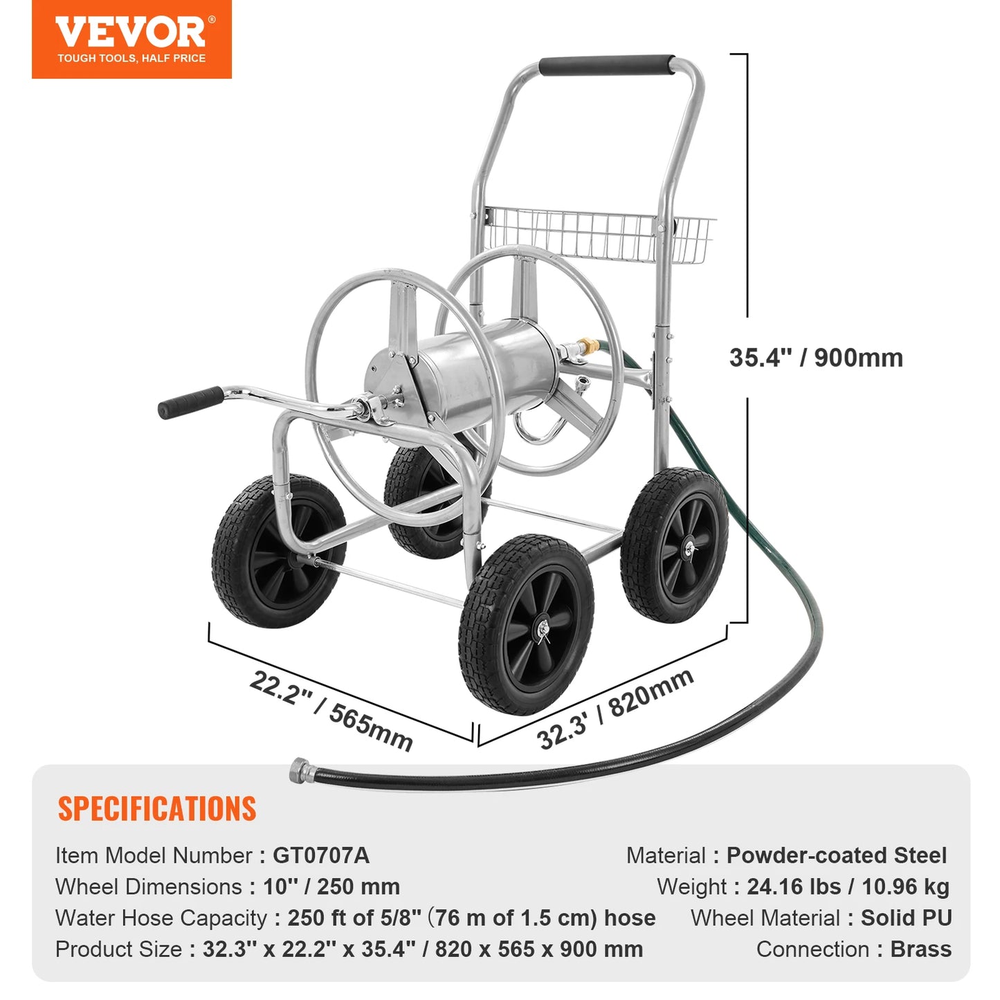 SucceBuy Hose Reel Cart 250ft Heavy Duty Garden Water Yard Planting w/ Basket Effortless Roll-up Versatile Application Steel