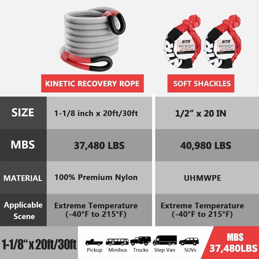 1-1/8" x 30' Kinetic Recovery Tow Rope (37,480lbs) with 2 Soft Shackles (40,980lbs), Heavy-Duty Offroad Snatch Strap for Jeep Truck ATV UTV SUV