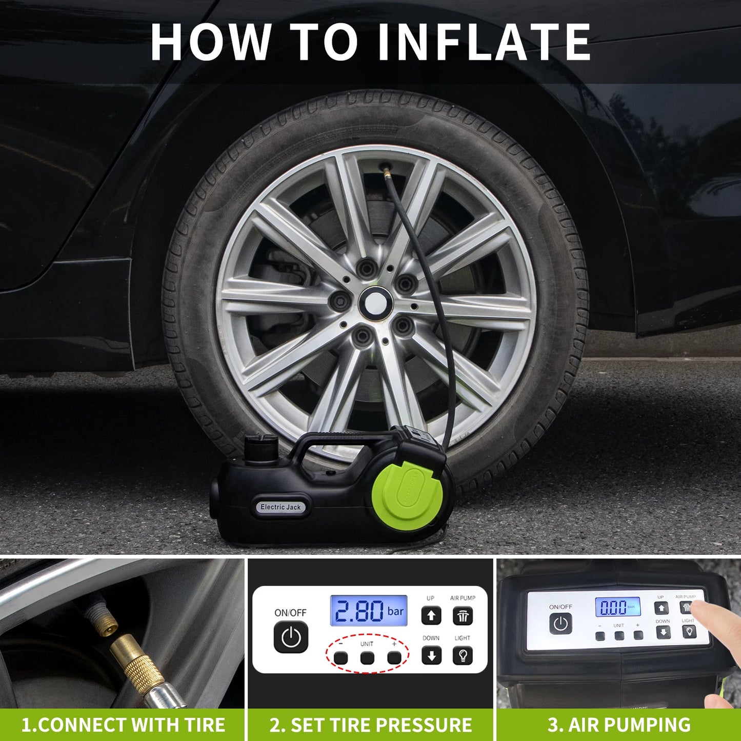 FOVOW 12V Electric Car Jack 5 Ton 4 in 1 Electric Hydraulic Jack 155-450/530mm With Impact Wrench Compressor LED Light