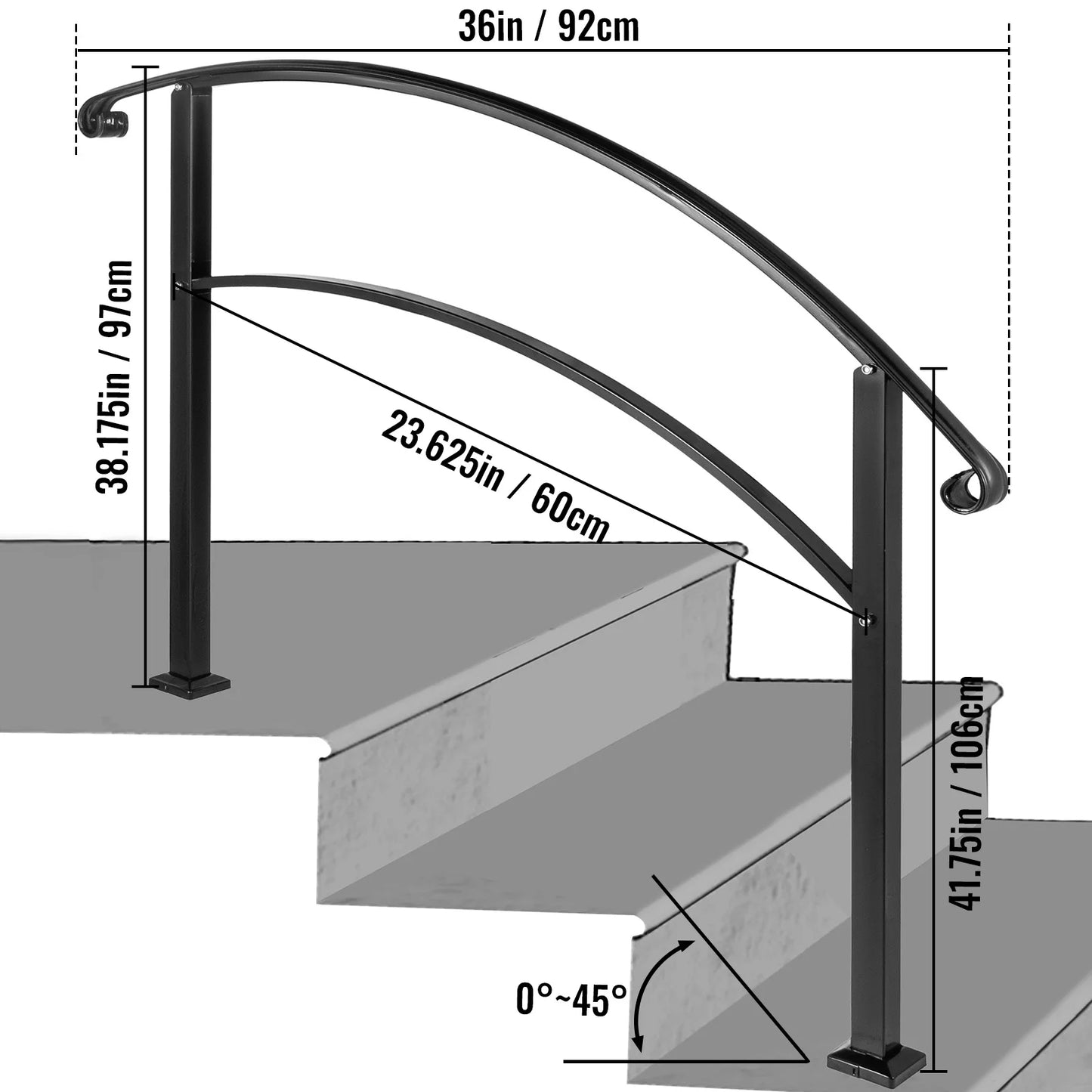 SucceBuy Wrought Iron Handrail Fits 1or5 Steps with Installation Kit Hand Rails for Outdoor Steps Transition Handrail Stair Rail