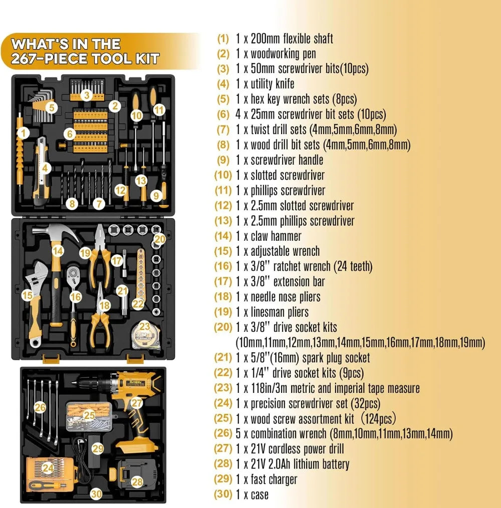 267-Piece General Home Repair Tool Kit with 21V Cordless Drill, 2.0Ah Battery & Charger, Portable Drawer Storage Box for Apartment Office Garage