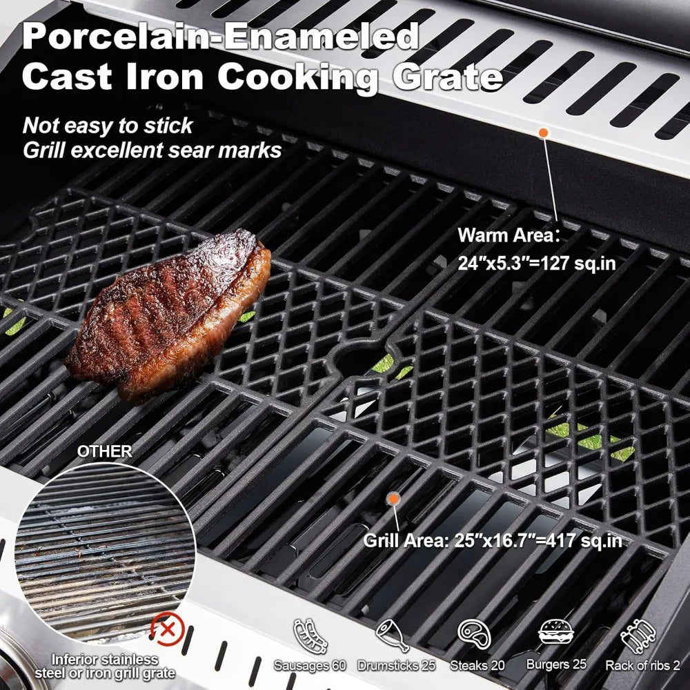Stainless Steel 4 Burner BBQ Propane Gas Grill with Cast Iron Grates & Side Stove, Stainless Steel 44000 BTU Burner Barbecue Gr