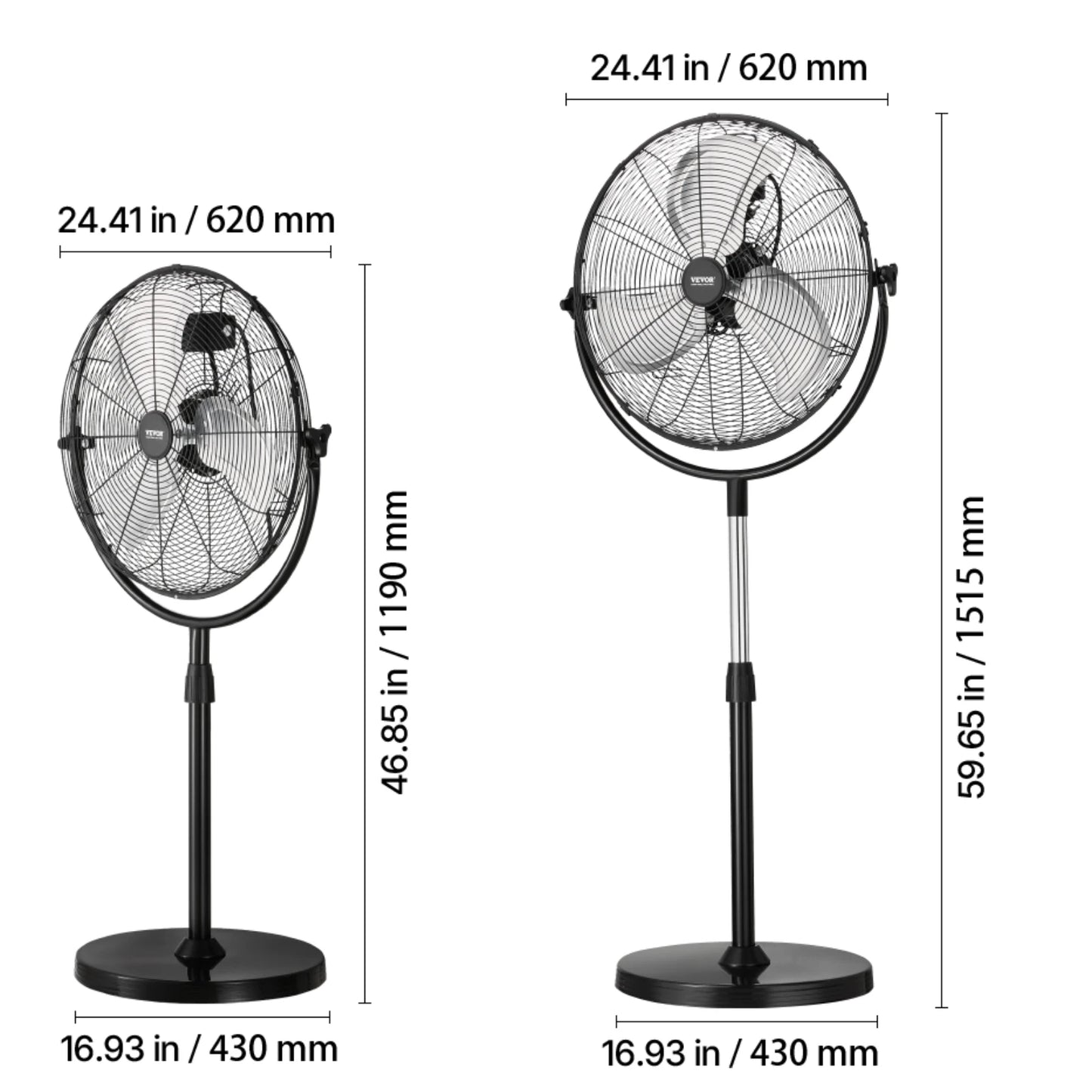 VEVOR Industrial Pedestal Fan 85-Degree Oscillating Fan Height Adjustable Standing Fans with 3 Adjustable Speed for Bedroom Home