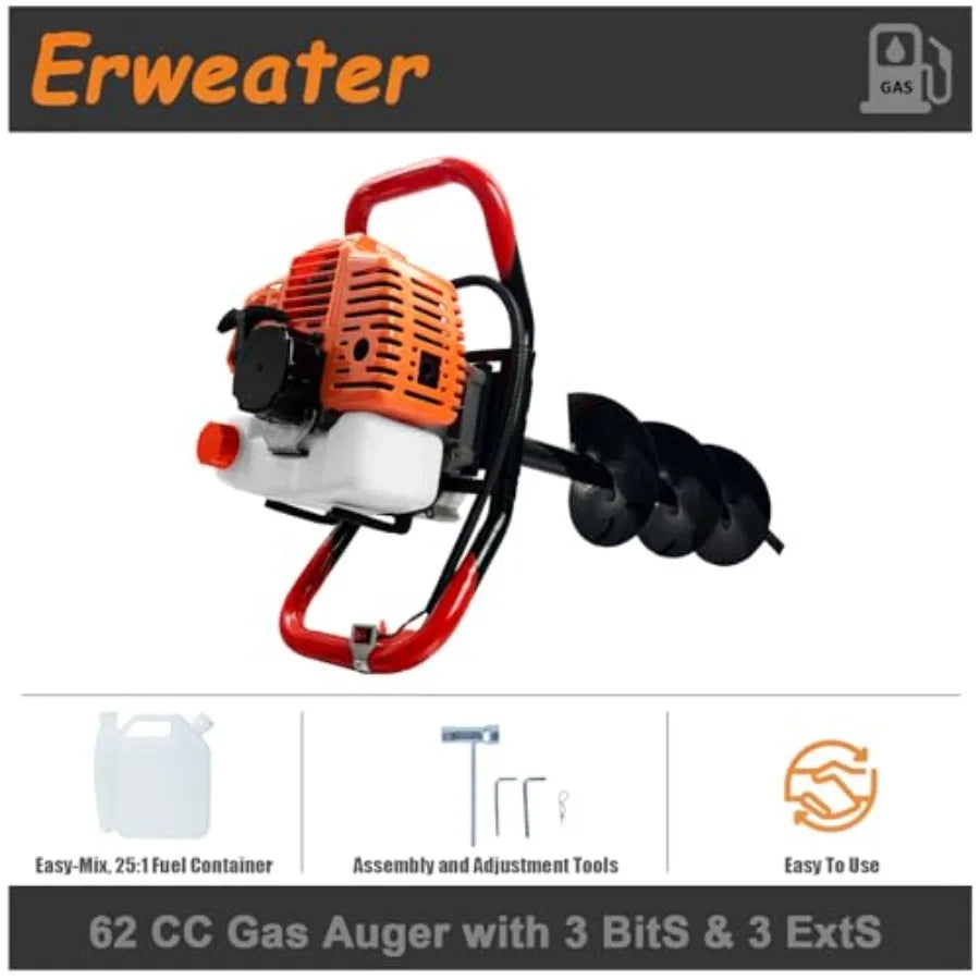 Post Hole Digger with 62cc 1.9HP 2-Stroke Engine 3 Drill Bits 3 5 8 24 Extension Rods for Fence Post Garden Farmlan
