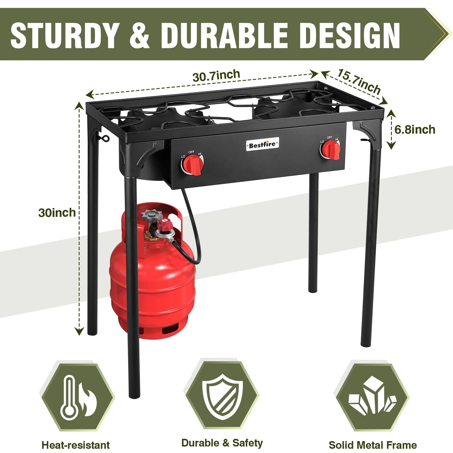 BESTFIRE 2 Burner Camping Stove 150000 BTU High Pressure Outdoor Propane Grill With 4ft 20 PSI Regulator Hose Removable Legs for Backyard Cooking BBQ Picnic Tailgate