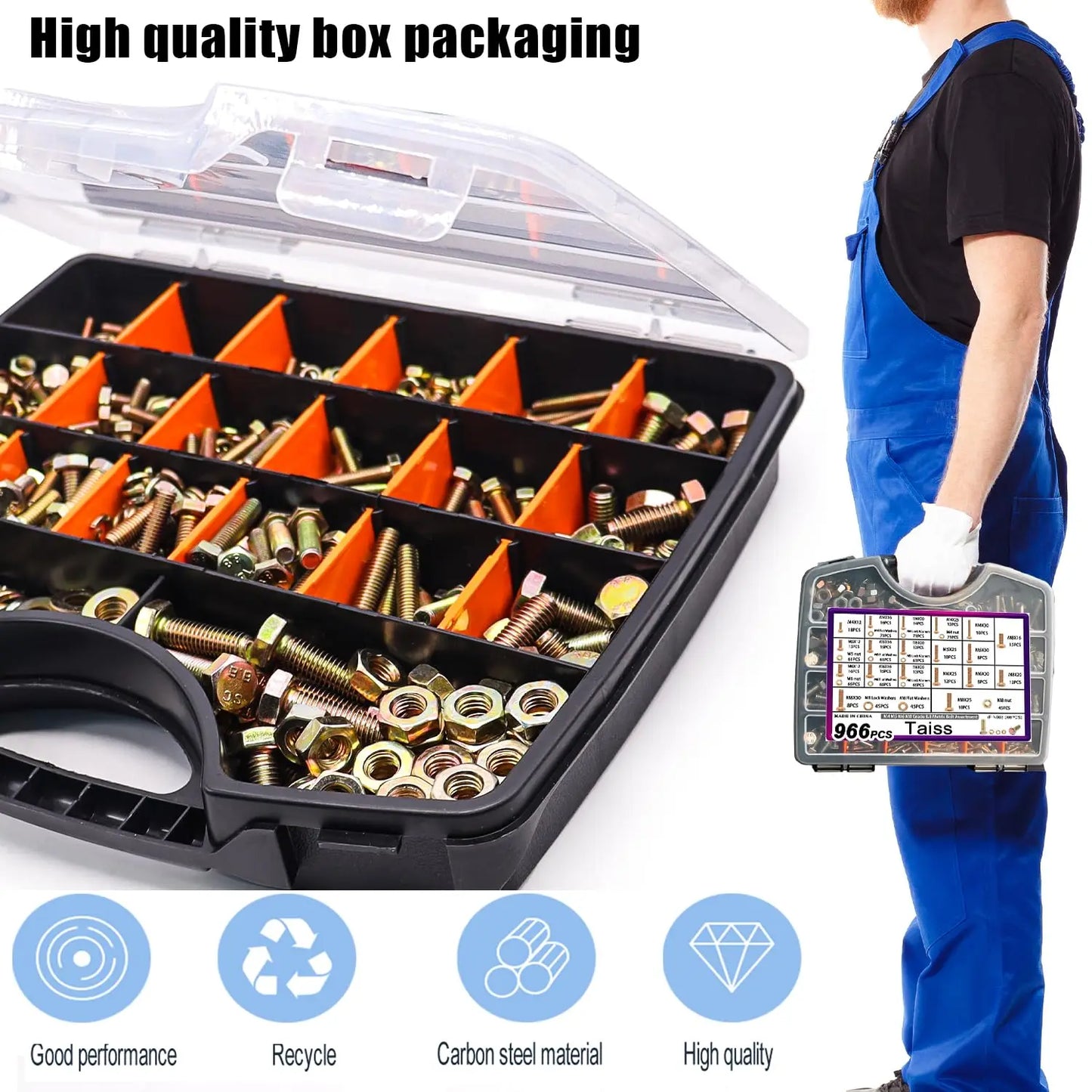 Grade 8.8 Metric Bolt Assortment Kit, 966Pcs M4 M5 M6 M8 Bolts and Nuts with Washers, Heavy Duty Hex Bolts Set with Handheld Box