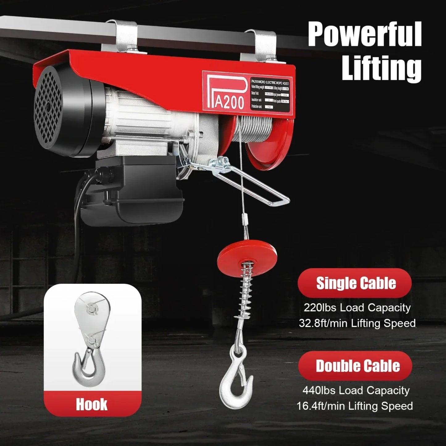 200kg (440LBS) Electric Hoist Winch with Remote Control - 110V Engine Crane for Garage, Workshop Lifting