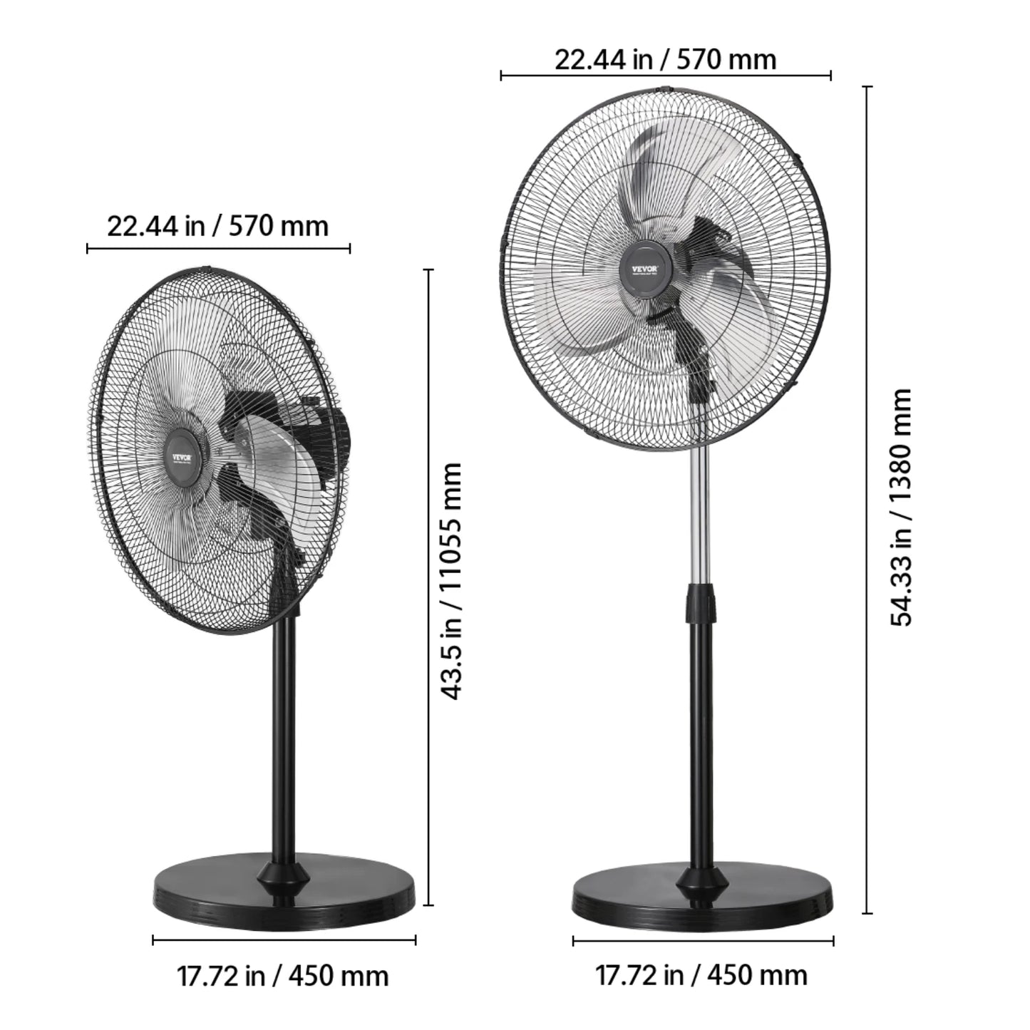 VEVOR Industrial Pedestal Fan 85-Degree Oscillating Fan Height Adjustable Standing Fans with 3 Adjustable Speed for Bedroom Home