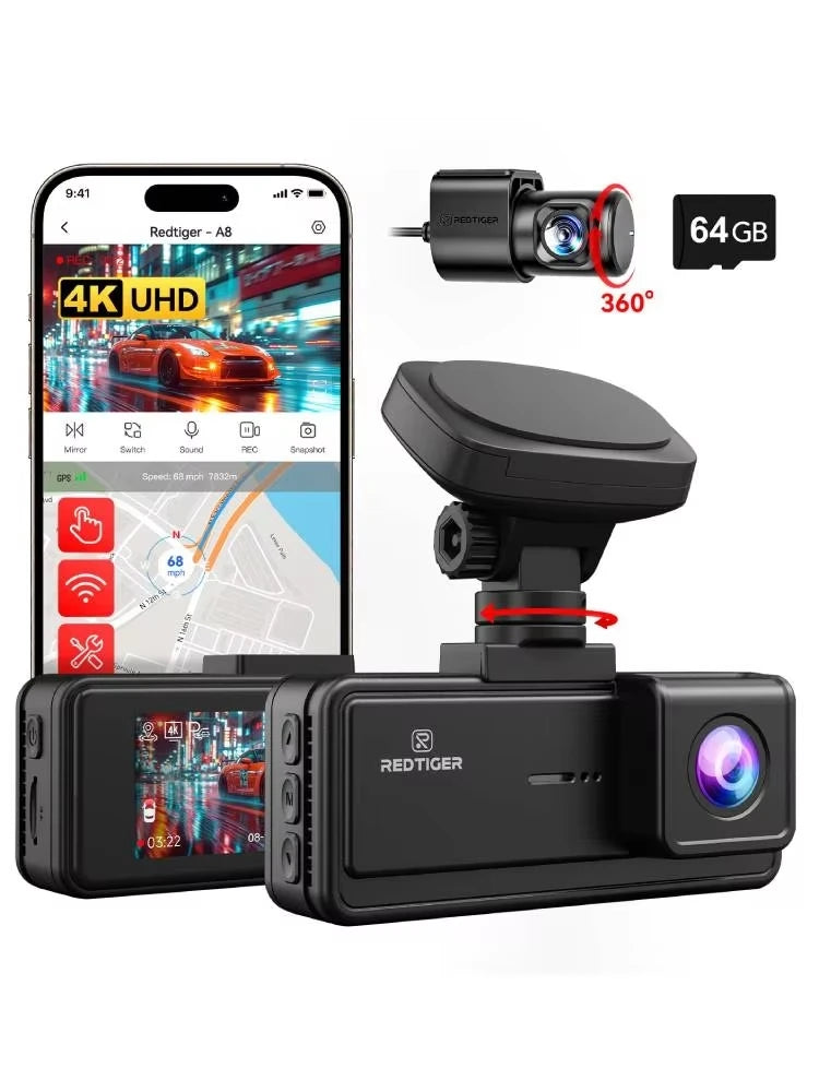 REDTIGER A8 4K Dual Dash Cam Front And Rear  Car Cam 3.18" IPS Touch Screen Built-in 5.8Ghz WiFi GPS Car DVR Night Vision