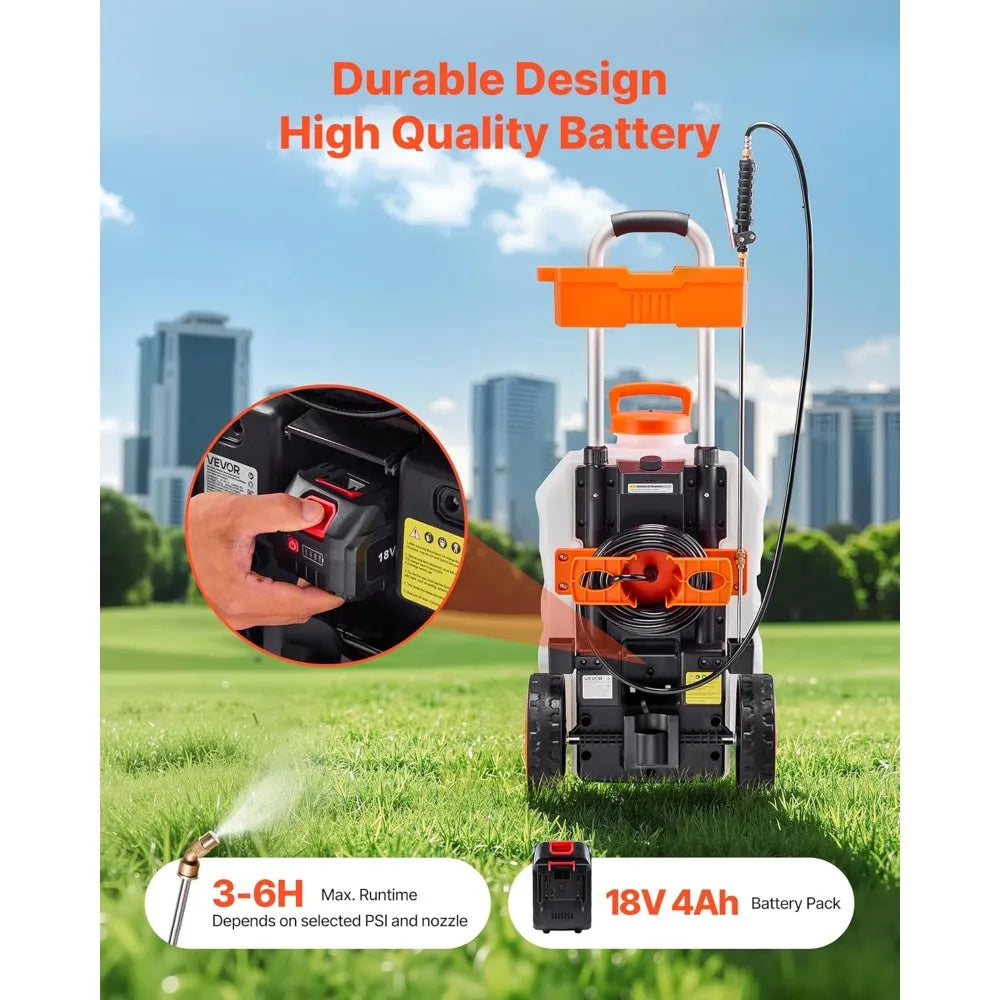10 Gallon Electric Sprayer with Wheels, Adjustable 0-80 PSI Pressure, 98ft Hose & 5 Nozzles, Battery Powered for Garden Cleaning