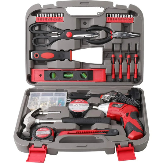 Apollo Tools 135 Piece Household Tool Set with Pivoting Dual-Angle 3.6 Volt Lithium-Ion Cordless Screwdriver Most-Needed Tool