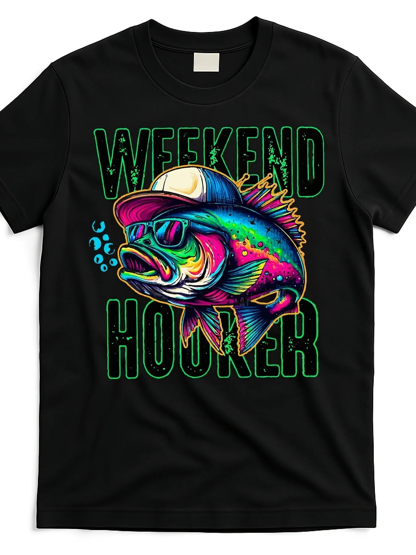 Casual Style Men's T-Shirt Colorful Fish with Hat And Fashion Glasses Weekend Hooker Text Fishing Theme Summer Outdoor Activity Gift for Fishing Enthusiasts