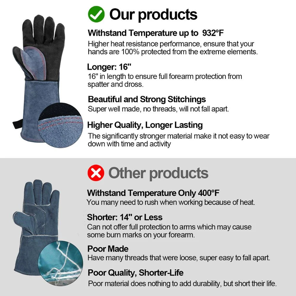 16 Inch Welding Gloves For Welder Work Gloves Thick Cow Split Leather Heat Resistant Oven BBQ Gloves For Grill Heat Insulation