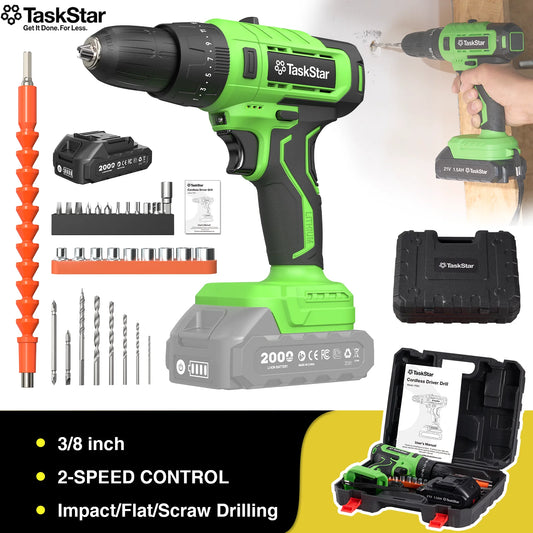 Taskstar 21V 3/8"Cordless Impact Drill Set (2 batteries+charger),Power Drill/Screwdriver Set