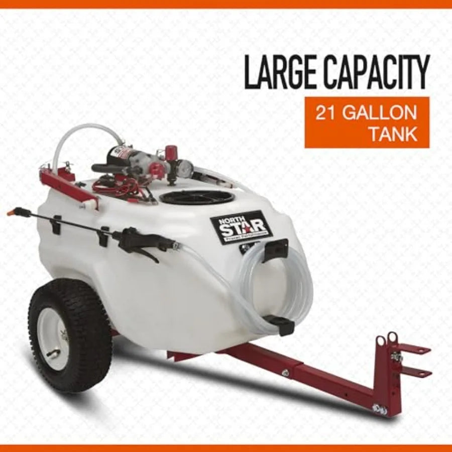 Tow-Behind Trailer Boom Sprayer 21-Gallon Tank 2.2 GPM 12V DC 70 PSI Spring-Loaded Breakaway Boom NSQ Series On-Demand Pump Sil
