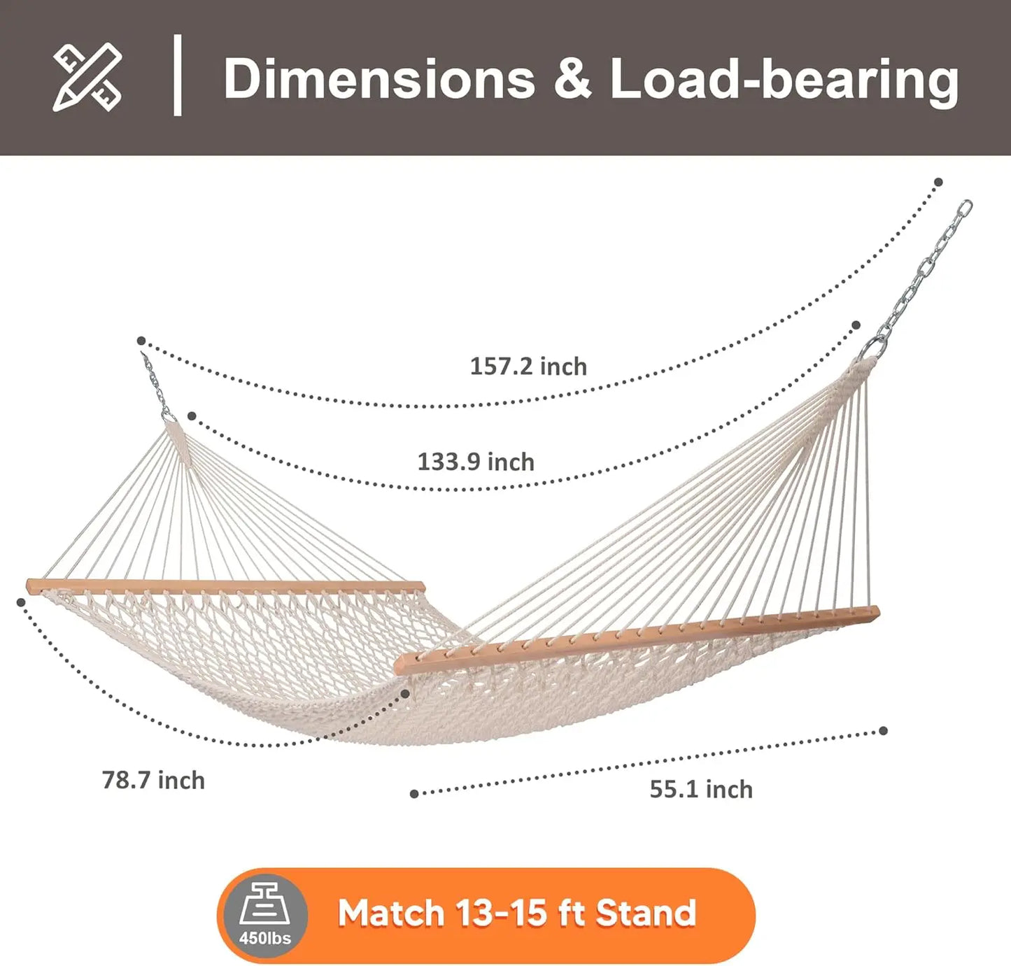 Hammocks Traditional Rope Double Hammock with Hardwood Spreader Bar and Carrying Bag, 450 lbs Capacity, Natural