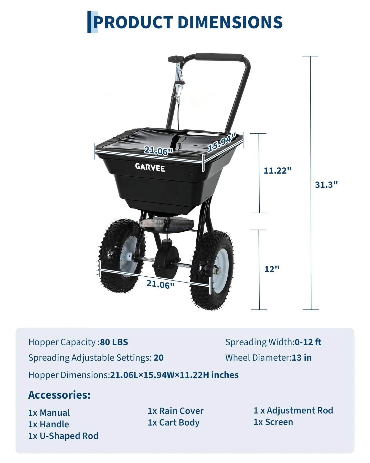 Heavy Duty 80LB Lawn Spreader, Walk Behind Broadcast Spreader With 12FT Coverage, 13in Wheels For Seed Fertilizer Salt