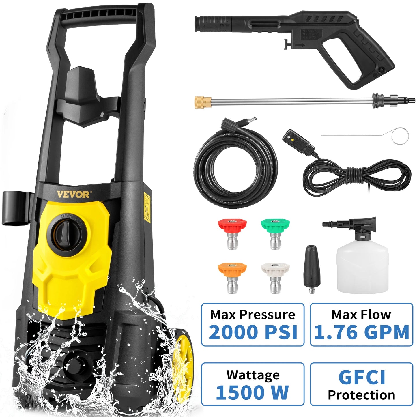 SucceBuy 1500W High Pressure Car Washer 2000 PSI Electrical Portable Car Washing Machine Auto Wash Washers Spray Gun for Home