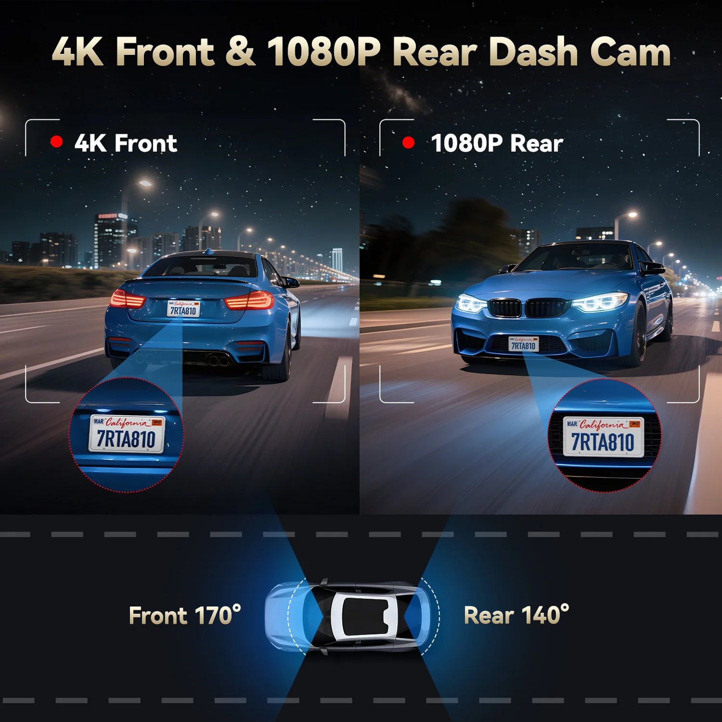 REDTIGER A8 4K Dual Dash Cam Front And Rear  Car Cam 3.18" IPS Touch Screen Built-in 5.8Ghz WiFi GPS Car DVR Night Vision