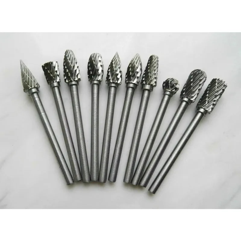 10Pcs 1/8" Shank Tungsten Carbide Milling Cutter Rotary Tool Burr Diamond Cut Rotary Drill Bit for Metalworking Polishing Tools