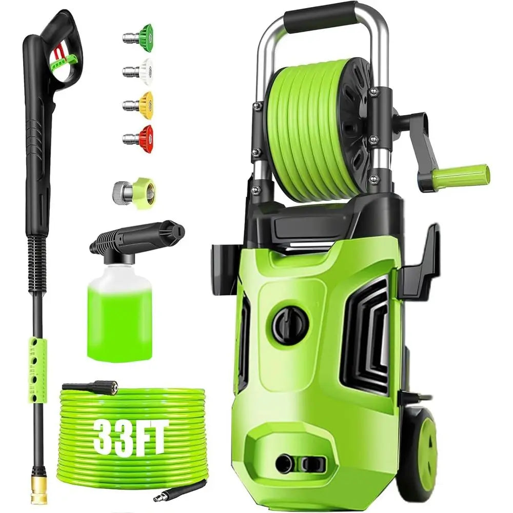 2026 New Green 4800PSI Portable Electric Pressure Washer With 33FT Pipe 4 Nozzles For Home Car Fence Window Cleaning