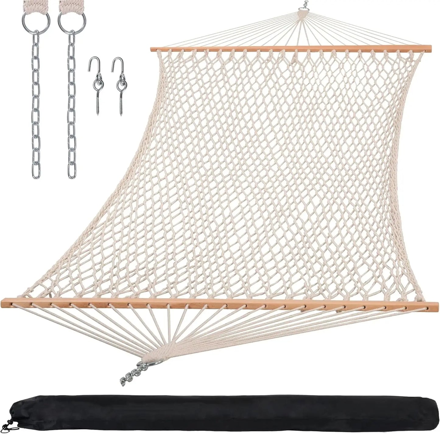 Hammocks Traditional Rope Double Hammock with Hardwood Spreader Bar and Carrying Bag, 450 lbs Capacity, Natural