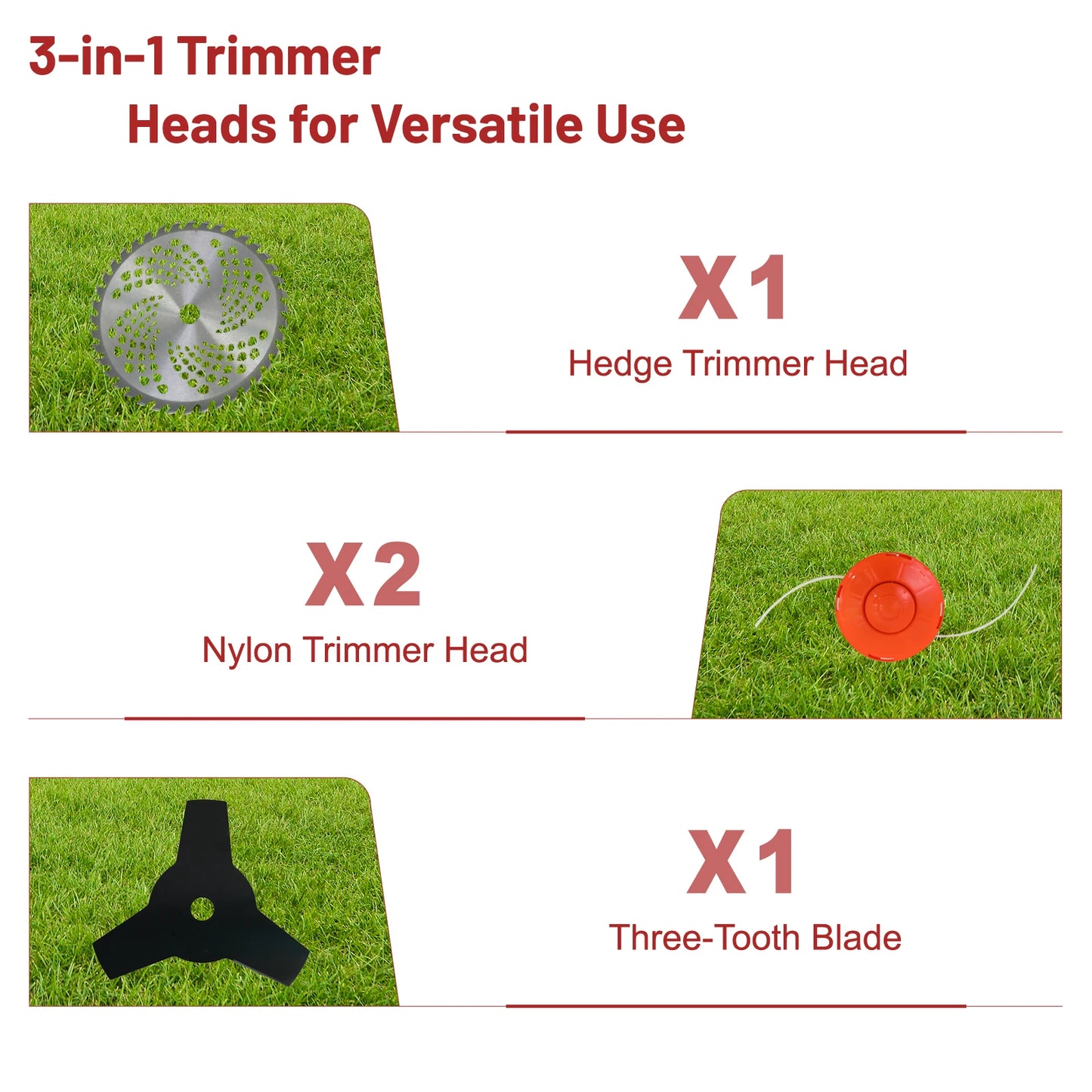 52cc 2-Stroke Gasoline Lawn Mower Gas String Trimmer 3-in-1 Adjustable Handheld Weed Eater with 4 Detachable Trimmer Heads