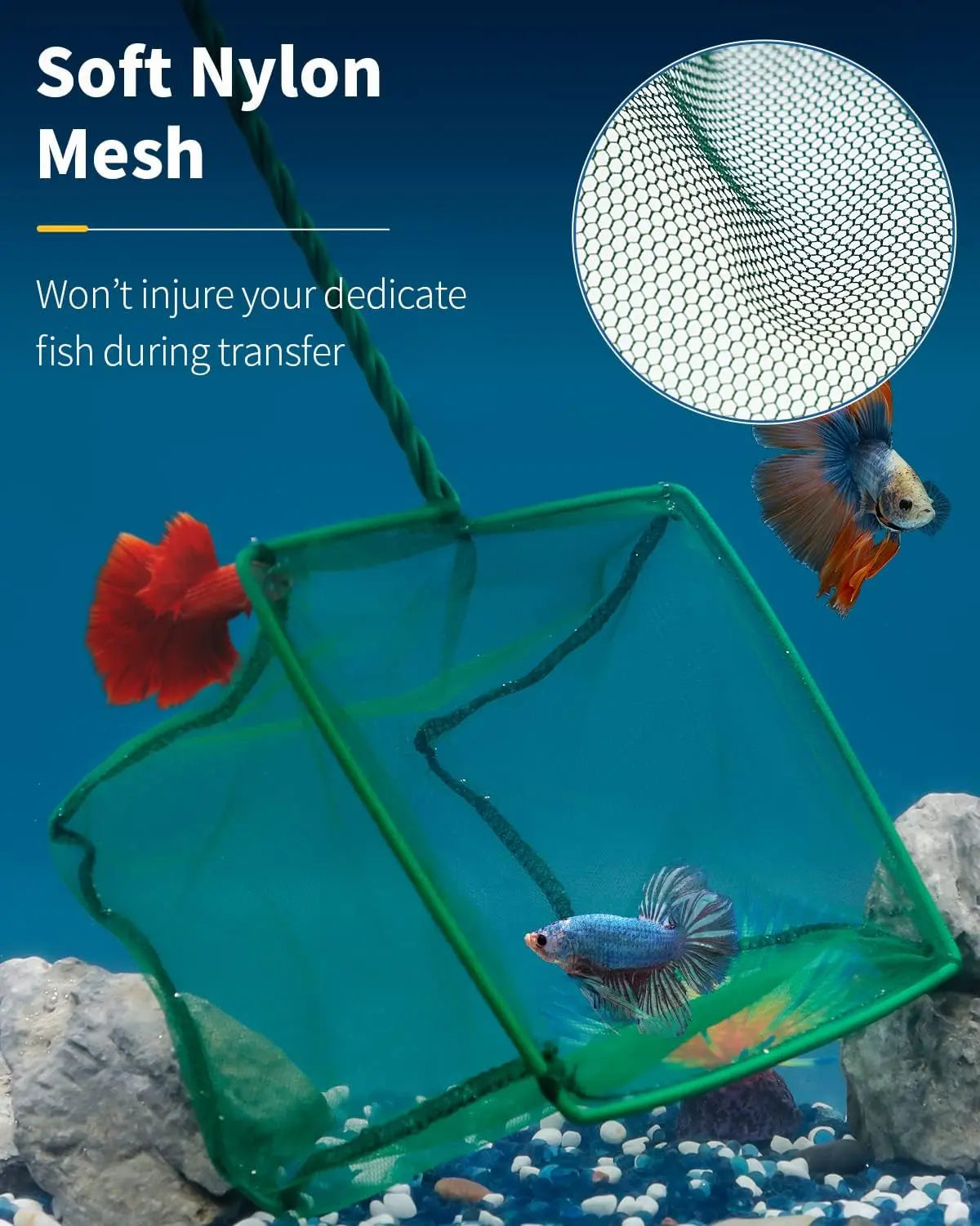 Aquarium Fish Net with Braided Metal Handle for Cleaning Tanks and Ponds