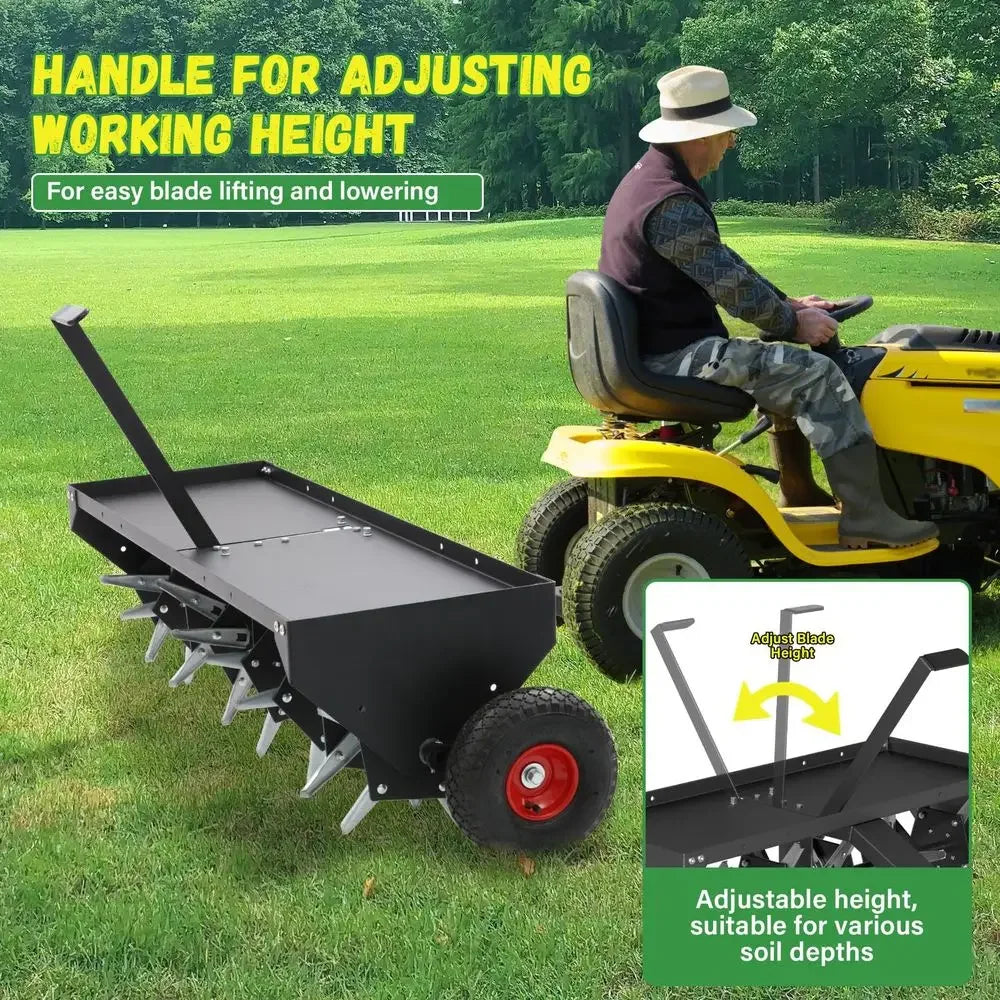 52Inch Tow Behind Lawn Plug Aerator with Universal Hitch, Lawn Aerator Tow Behind with 40 Galvanised Steel Tines,Tray and Infla