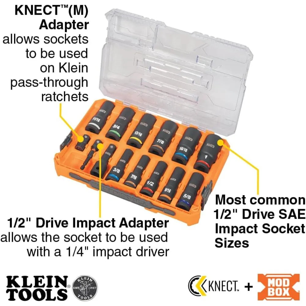 65111IMPCT KNECT Deep-Well Impact Socket Set, 1/2-Inch Drive, SAE, Color Coded, MODbox Case, Impact