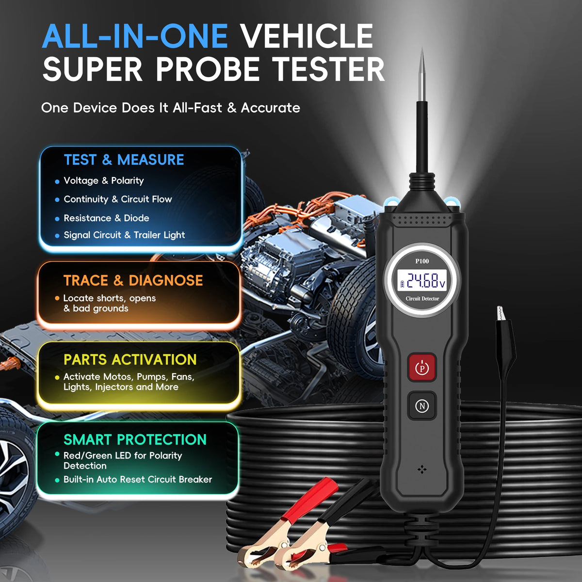 Power Circuit Probe Tester, 6V-24V DC Automotive Car Electric Fuse & Voltage Tester with LED Test Light, HD LCD Readout, Overload Protection, Short Circuit Finder with 14.7FT Cable